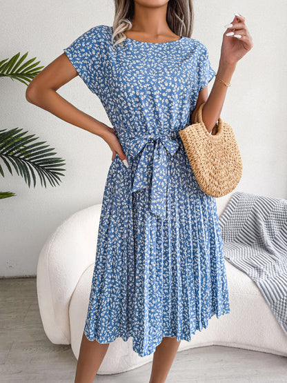 EP | Robe midi avec cravate et imprimé floral Encolure ronde Trapèze