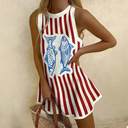 EP | Femmes Puzzle Print Robe d'été sans manches au-dessus du genou Mini robe Casual Tank Top Robe de plage pour femmes