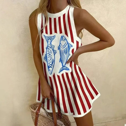 EP | Femmes Puzzle Print Robe d'été sans manches au-dessus du genou Mini robe Casual Tank Top Robe de plage pour femmes
