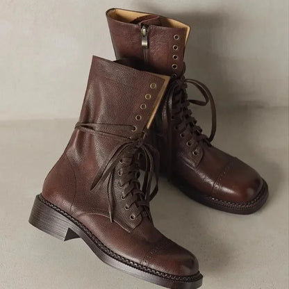 2024 autumn/winter new women's cow leather lace-up mid-calf motorcycle boots square toe high quality soft half boots