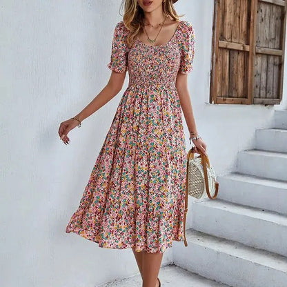 EP | Bohemia Print Robe Femme Nouvelle robe midi été manches bouffantes