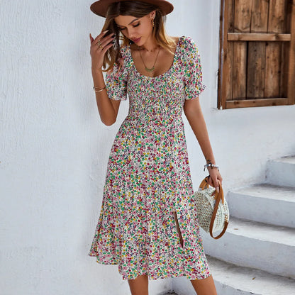 EP | Bohemia Print Robe Femme Nouvelle robe midi été manches bouffantes