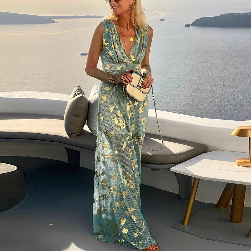 EP | robe longue fluide avec décolleté en V et finitions avec éléments brillants