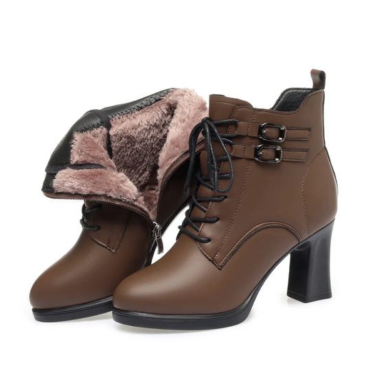 7.5cm Double Buckle Block High Heels Boots Platform Shoes Winter 2024 Women's Soft Leather Plush Fur Ankle Boots for Office Mom