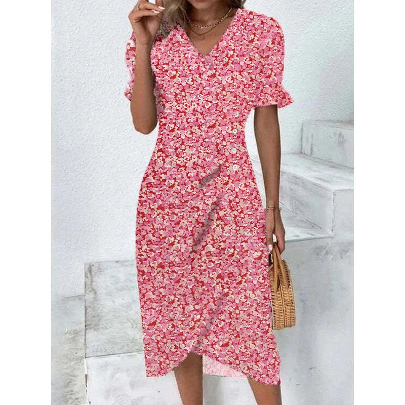 EP | Elégante robe midi florale plissée avec manches bouffantes et décolleté en V