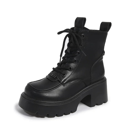 7CM New Winter Women Warm Snow Shoes Round Toe Chunky Heels Ankle Boots High Platform Leather Shoes for Women Combat Short Boots