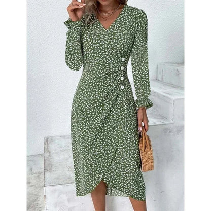 EP | Elégante robe midi florale plissée avec manches bouffantes et décolleté en V