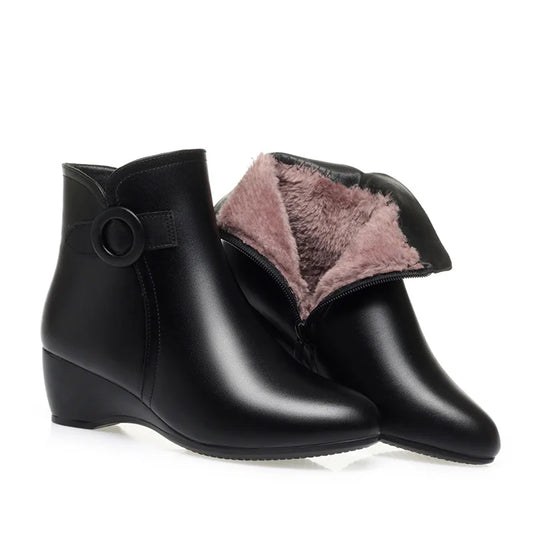 2024 New Autumn Winter Warm Short Boots Women Black Solid Ankle Boots For Heel Zip Point Toe Fleece Wedge Mother Cotton Shoes