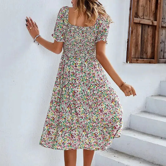 EP | Bohemia Print Robe Femme Nouvelle robe midi été manches bouffantes