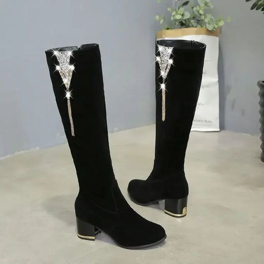 2023 Women's Long Boots Fashion Rhinestone Thick-heeled High-heeled Knee-high Boot Zipper Retro Knight Boot Women Shoes