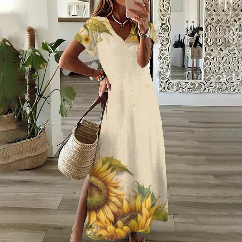 EP | Tournesol Imprimer Floral Graphique Robes pour Femmes Plus Taille Elégante Robe Midi