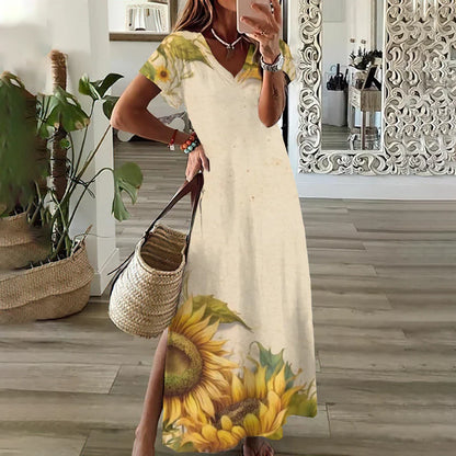 EP | Tournesol Imprimer Floral Graphique Robes pour Femmes Plus Taille Elégante Robe Midi