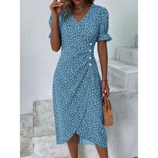 EP | Elégante robe midi florale plissée avec manches bouffantes et décolleté en V