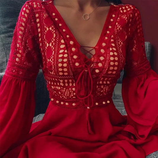 EP | Women's A Line Robe courte Mini-robe manches longues Ruffles Col V