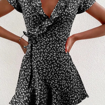 EP | Eté Femme Floral A-Line Robe Elégante Ruffle V-cou Mini-robe