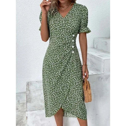 EP | Elégante robe midi florale plissée avec manches bouffantes et décolleté en V