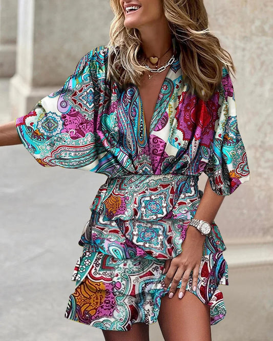 EP | Mini-robe casual femme col V avec manches Batwing et ourlet à volants pour l'été et les fêtes