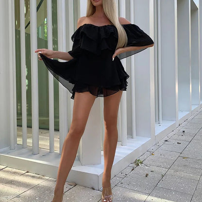 EP | Femmes Robe d'été Manches courtes Off Shoulder Mini Robe Ruffled A Line Beach Dress for Casual and Vacation Wear