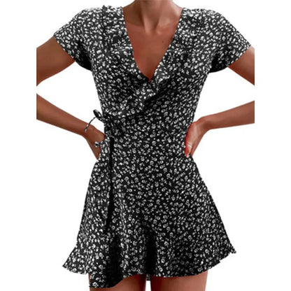 EP | Eté Femme Floral A-Line Robe Elégante Ruffle V-cou Mini-robe
