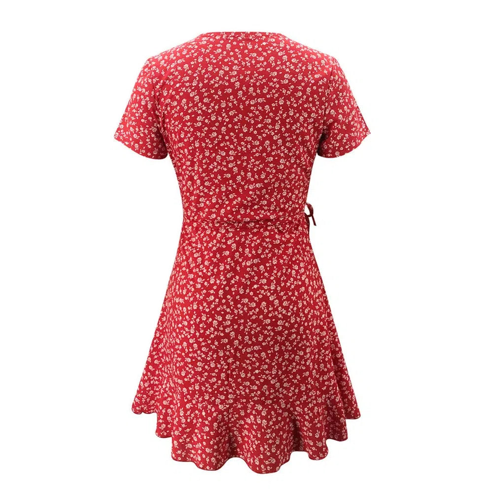 EP | Eté Femme Floral A-Line Robe Elégante Ruffle V-cou Mini-robe