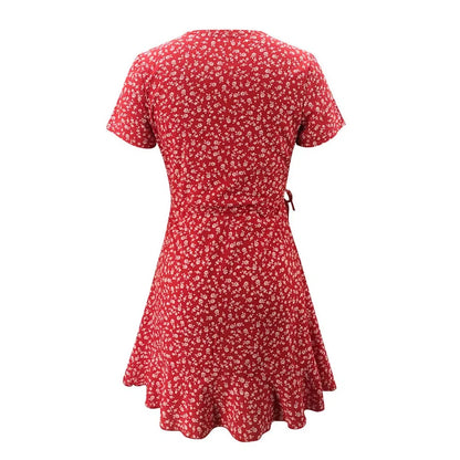 EP | Eté Femme Floral A-Line Robe Elégante Ruffle V-cou Mini-robe