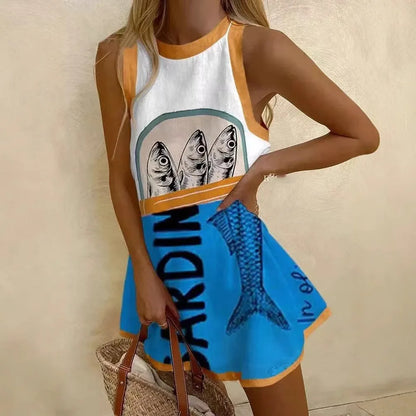 EP | Femmes Puzzle Print Robe d'été sans manches au-dessus du genou Mini robe Casual Tank Top Robe de plage pour femmes