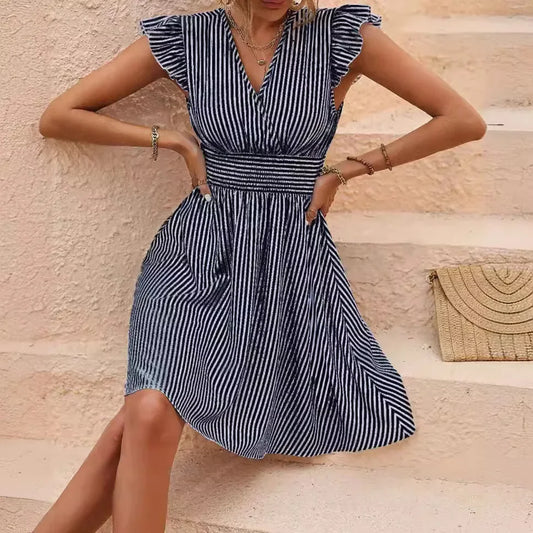 EP | Robe d'été pour femme à rayures et manches papillon Mini-robe de vacances à la mode dans le style européen