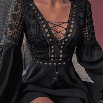 EP | Women's A Line Robe courte Mini-robe manches longues Ruffles Col V