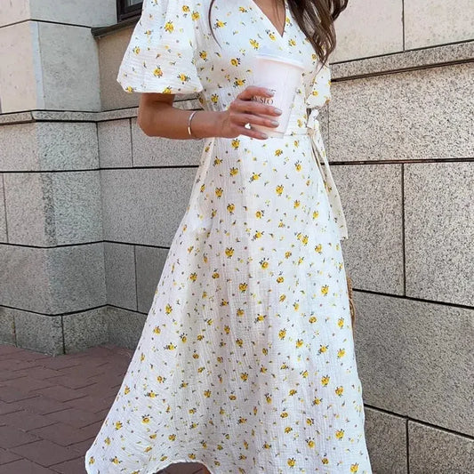EP | Casual Femmes Robes d'été 100% Coton Imprimé Floral A-Line Robe Midi avec Fentes latérales Longue Robe blanche élégante