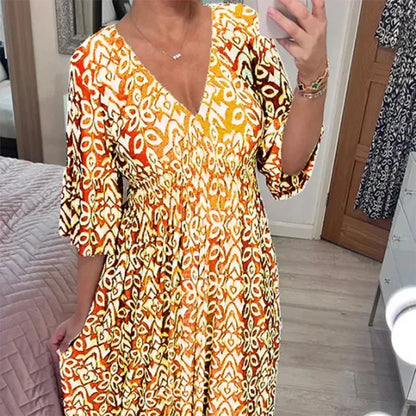 ND | Robe boho décontractée avec décolleté en V et manches mi-longues