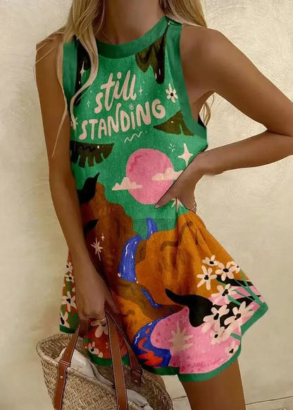 EP | Femmes Puzzle Print Robe d'été sans manches au-dessus du genou Mini robe Casual Tank Top Robe de plage pour femmes