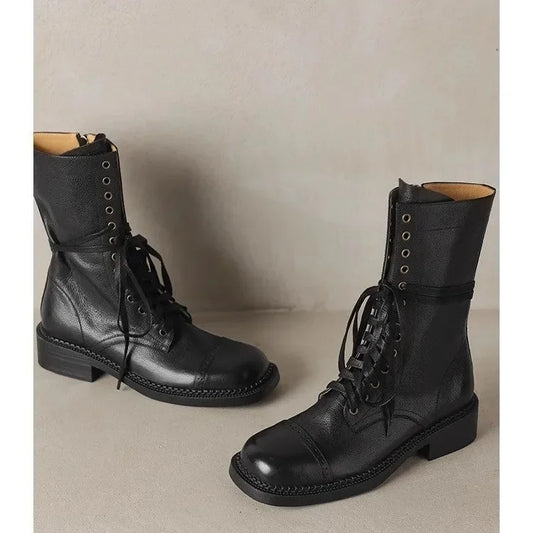 2024 autumn/winter new women's cow leather lace-up mid-calf motorcycle boots square toe high quality soft half boots