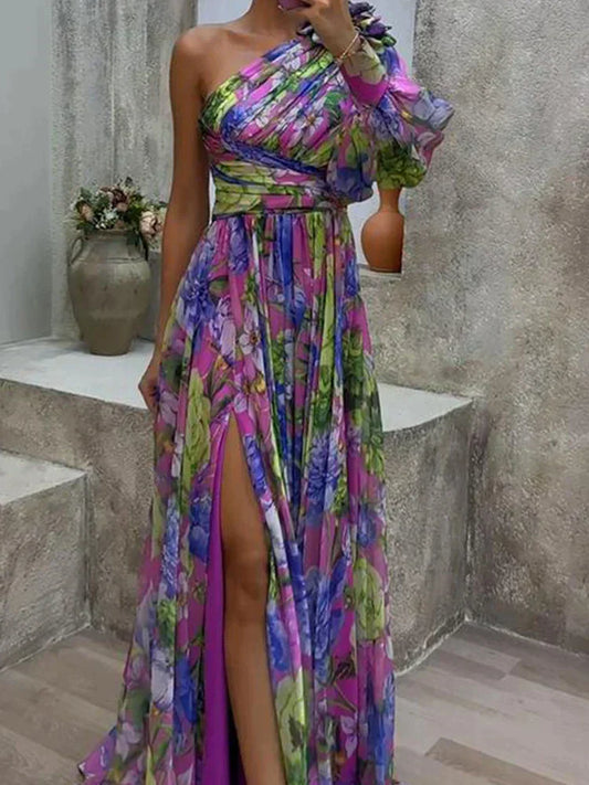 EP | Robe maxi fluide avec imprimé floral et une épaule en lilas
