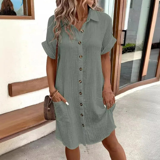 EP | Femmes Eté Casual Col V Bouton Up Robe Mi-longues Manches Courtes Lin Coton Coupe Libre pour Femmes