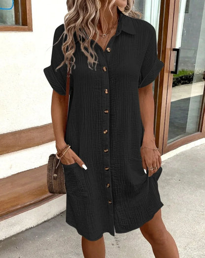 EP | Femmes Eté Casual Col V Bouton Up Robe Mi-longues Manches Courtes Lin Coton Coupe Libre pour Femmes