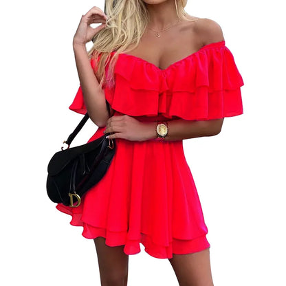 EP | Femmes Robe d'été Manches courtes Off Shoulder Mini Robe Ruffled A Line Beach Dress for Casual and Vacation Wear