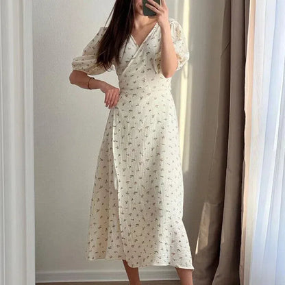 EP | Casual Femmes Robes d'été 100% Coton Imprimé Floral A-Line Robe Midi avec Fentes latérales Longue Robe blanche élégante