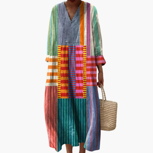 EP | Robe midi à manches longues pour femme avec décolleté en V et patchwork