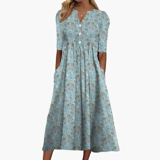 EP | Robe midi fleurie pour femme avec décolleté en V et poches latérales