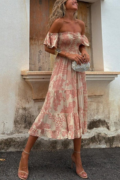 EP | Pitaya Imprimé unique Epaules libres Manches smockées Frou-frou Robe midi stratifiée