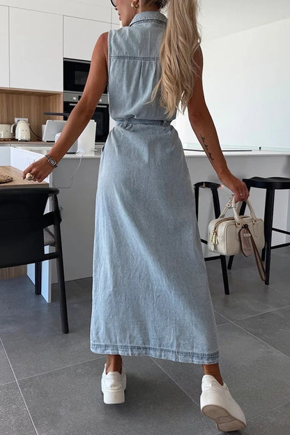 EP | Couleur solide Sans manches Une seule ligne Cravate Taille Casual Sac Denim Robe Midi