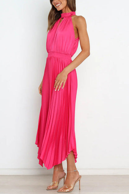 EP | Luxe Look Satin Plissé Halter Taille Elastique Robe Midi