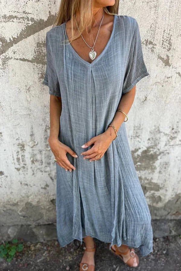 EP | Bayside Bliss mélange lin manches courtes robe midi plissée ample