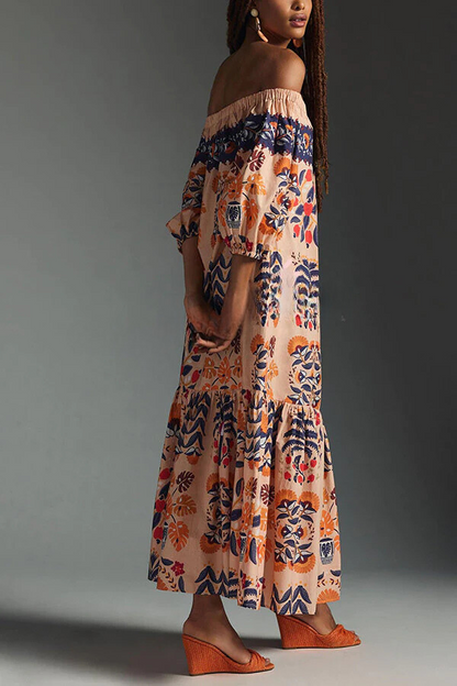 EP | Island Lover Robe midi fluide imprimée, épaules nues