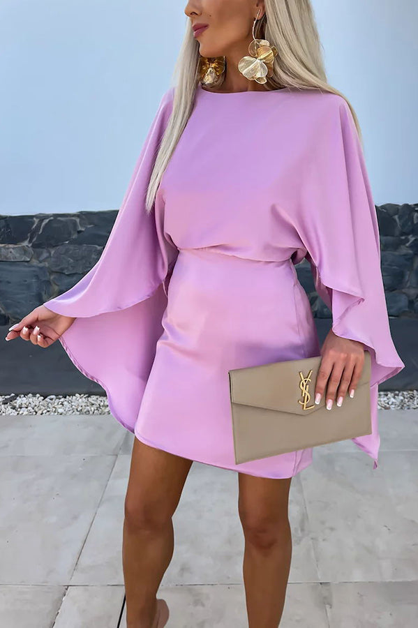 EP | Belle Ailes Satin Papillon Manches Taille Élastique Mini-robe Formelle