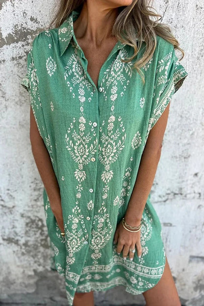 EP | Mélange de lin Impression unique Revers occasionnelle poche Mini-robe