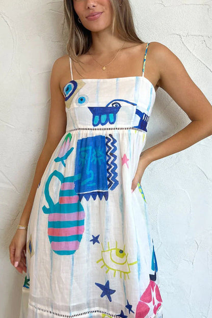 EP | She's The Fun Mélange de lin Imprimé ludique Trimée Robe Midi