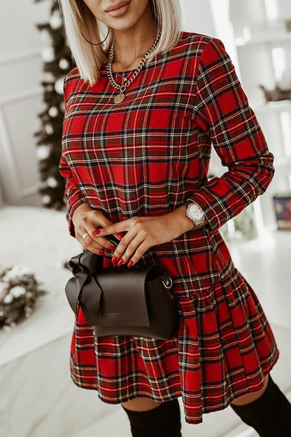 EP | Motif à carreaux à la mode Manches longues Encolure ronde Mini-robe svelte