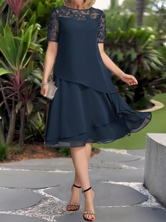 EP | Robe midi unie bleu marine à manches courtes