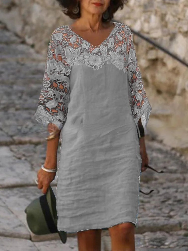 ND | Robe simple col en coton et lin à manches courtes pour femme